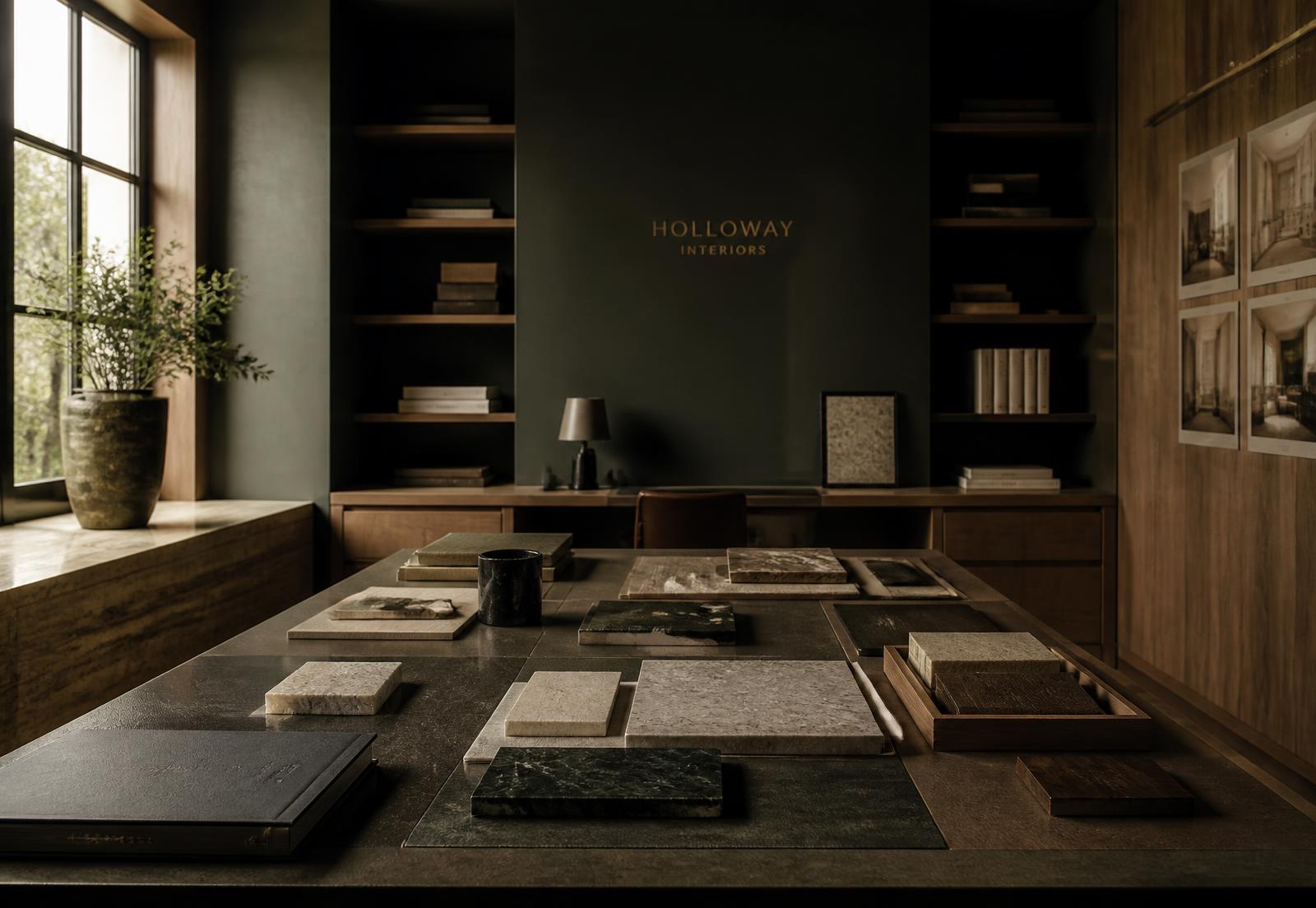 Interieurstudio met materiaalstalen in warme en donkergroene tinten